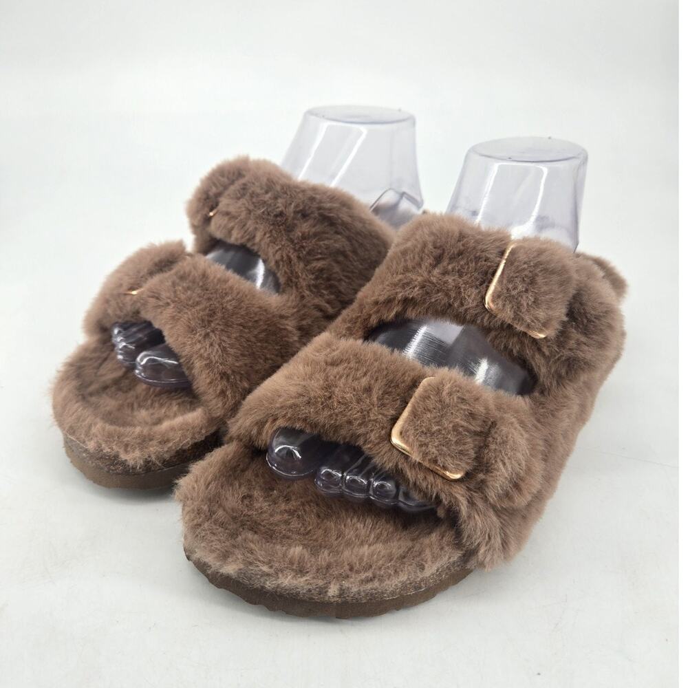 Fitory Fuzzy Faux Fur Cork Slide Slip On Sandals Brown Sz 9
